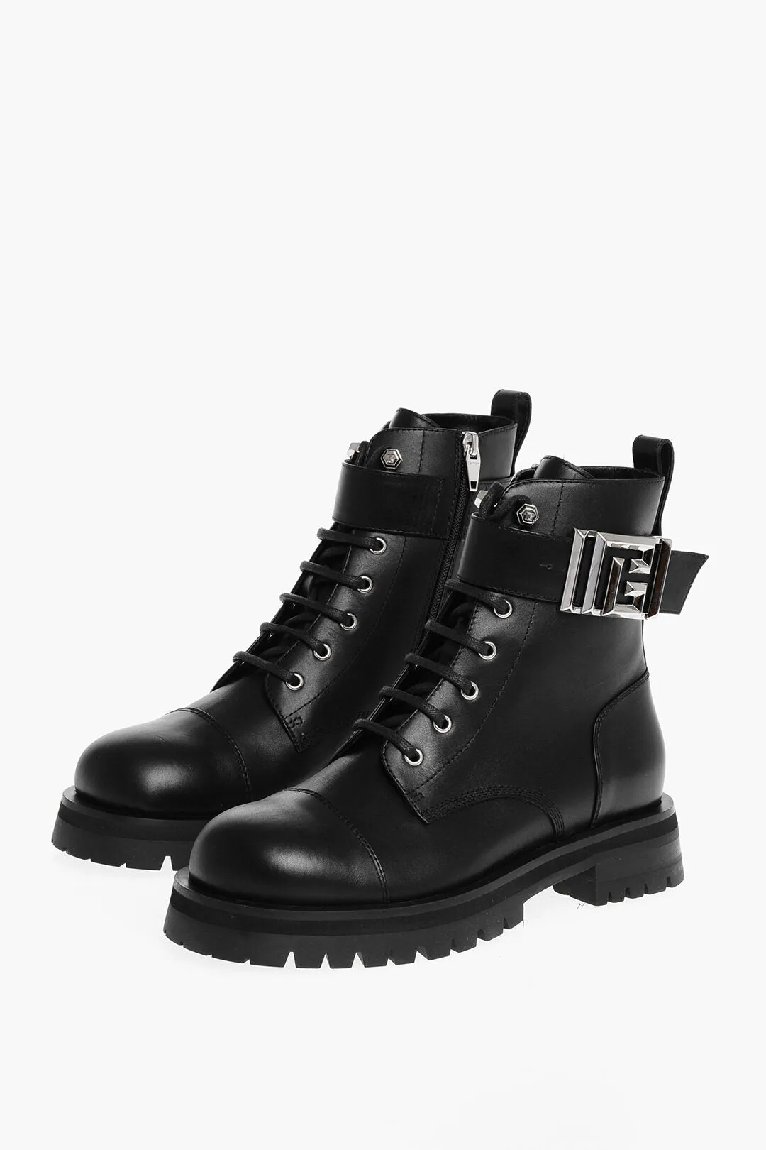 Balmain Leather Combat Booties With Ankle Strap And Logoed Buckle