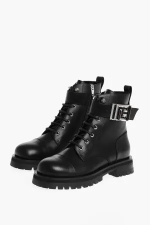 Balmain Leather Combat Booties With Ankle Strap And Logoed Buckle