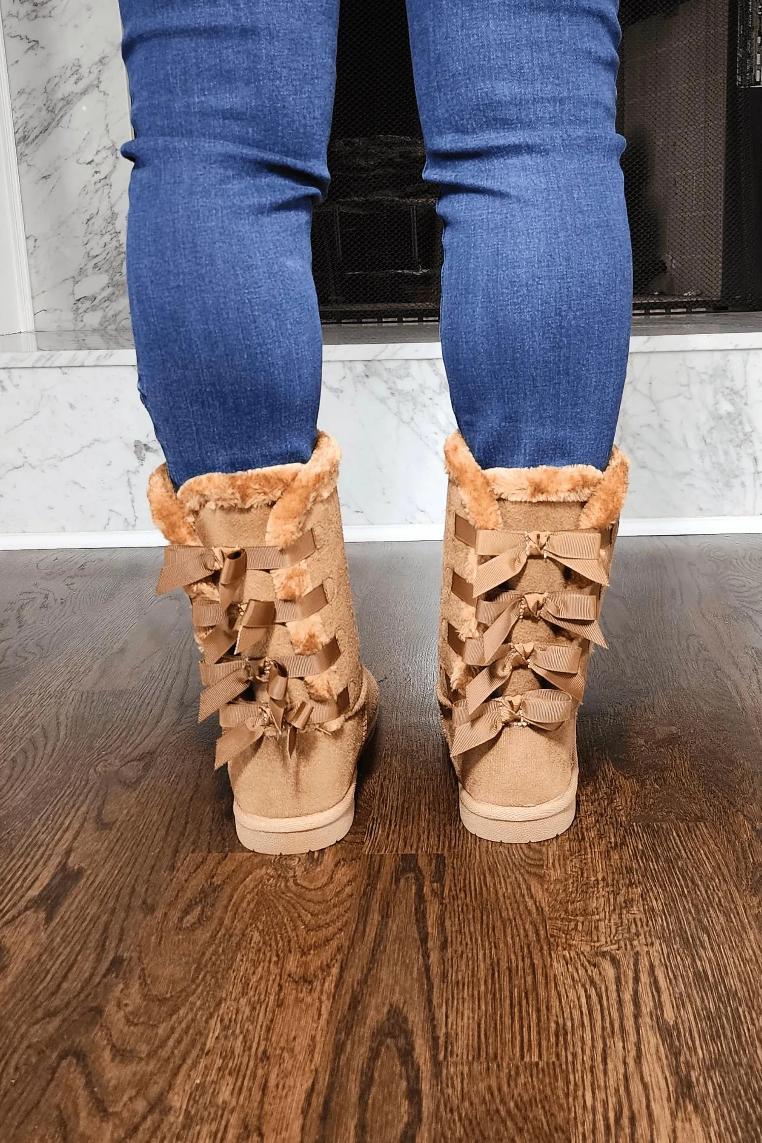 Faux Fur Boots With Bow Tie Detail In Tan