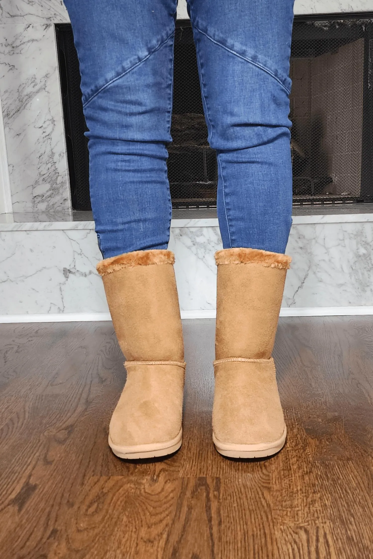 Faux Fur Boots With Bow Tie Detail In Tan