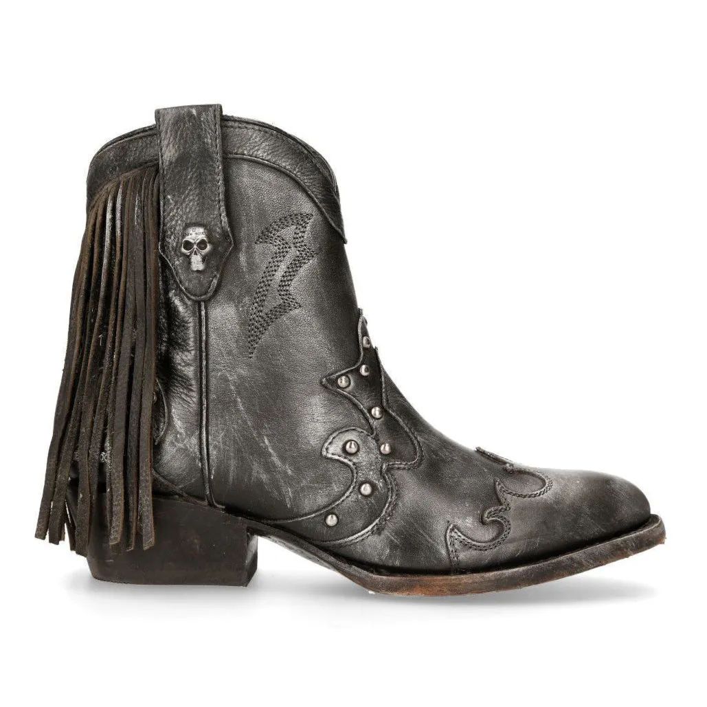 New Rock Grey Leather Fringed Pointed Cowboy Boots- WSTM003-S1