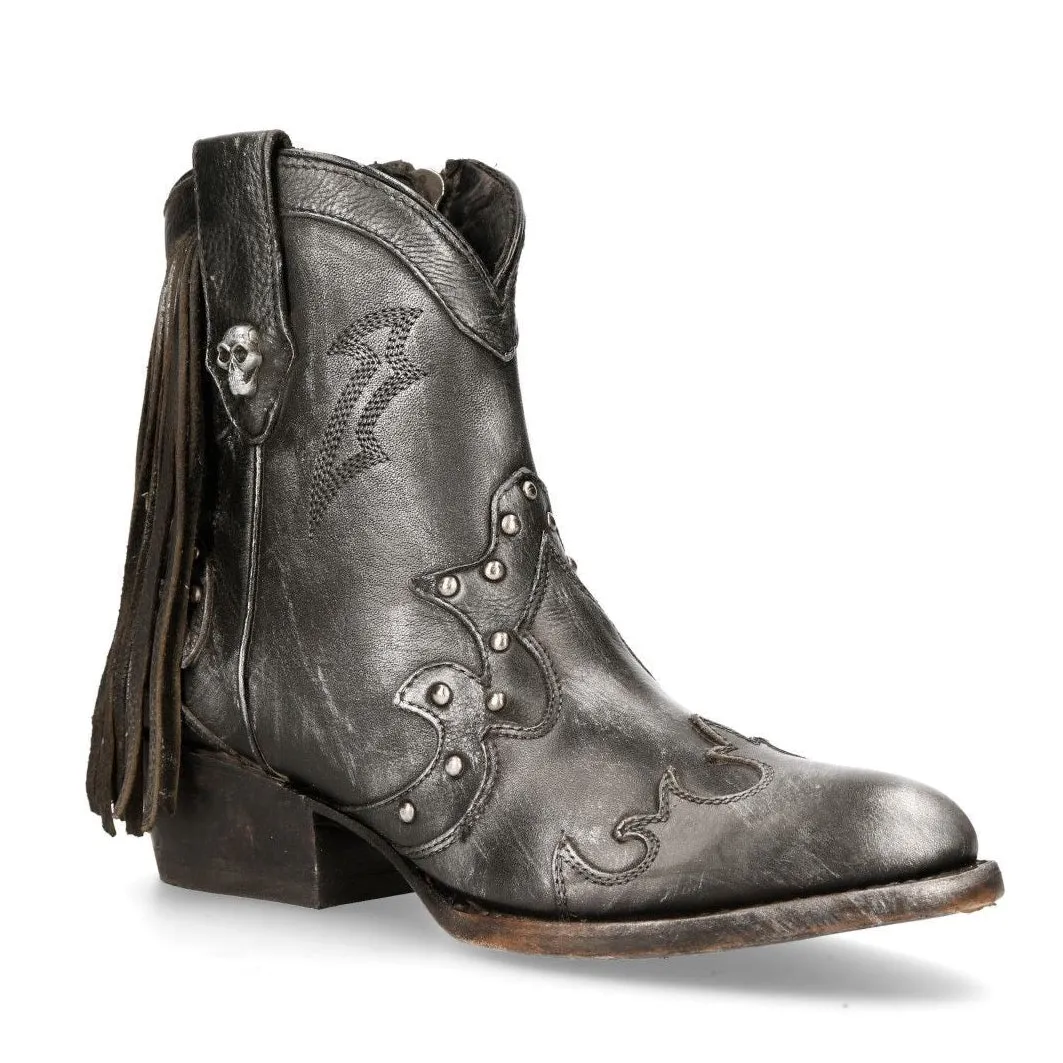 New Rock Grey Leather Fringed Pointed Cowboy Boots- WSTM003-S1