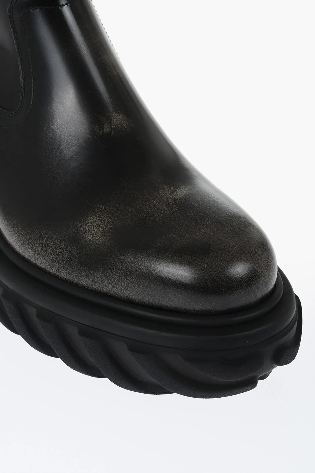 Off-White Leather Motor Booties With Embossed Chunky Sole