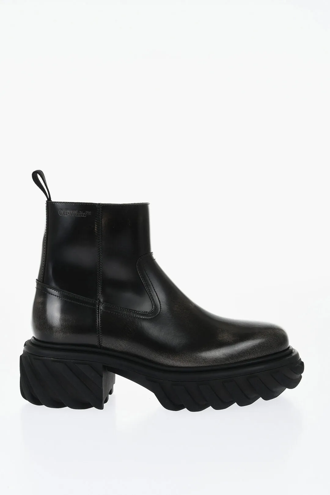 Off-White Leather Motor Booties With Embossed Chunky Sole