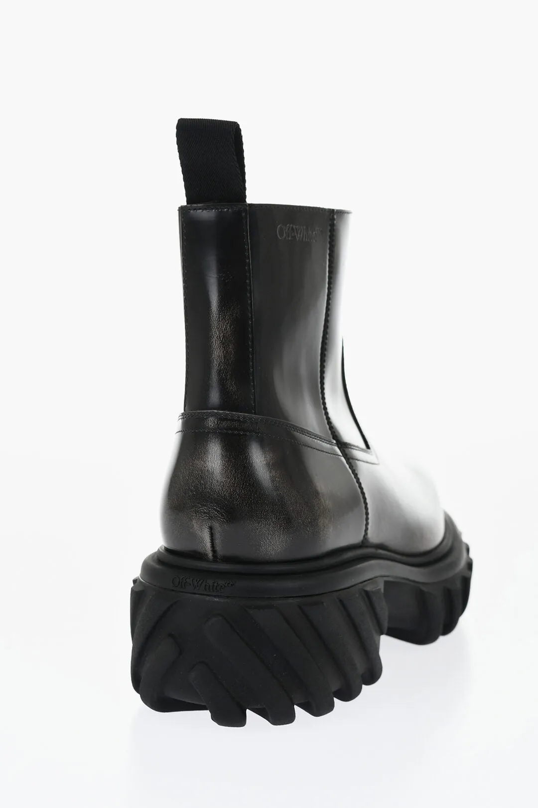 Off-White Leather Motor Booties With Embossed Chunky Sole