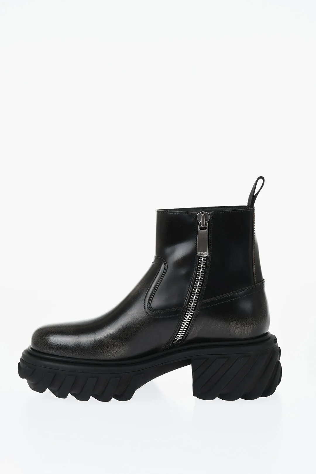 Off-White Leather Motor Booties With Embossed Chunky Sole