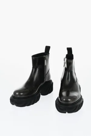 Off-White Leather Motor Booties With Embossed Chunky Sole