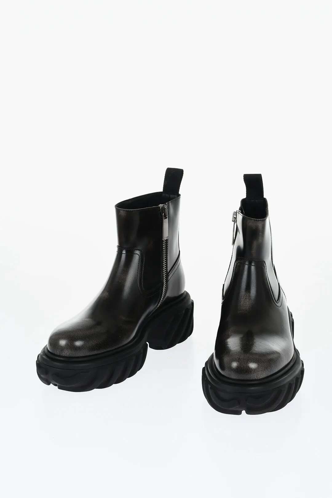 Off-White Leather Motor Booties With Embossed Chunky Sole