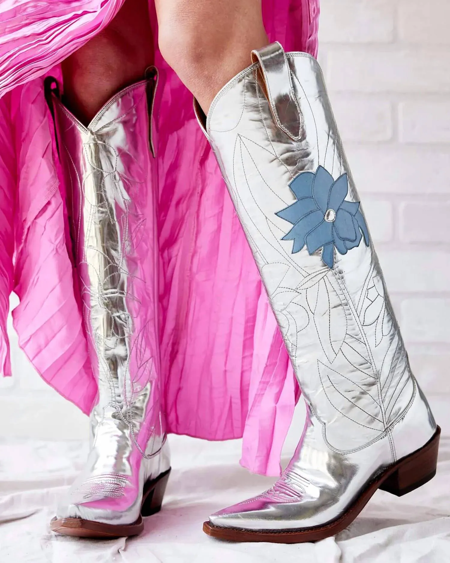 Preloved Women's Kristin Mirrored Boots With Denim Blue Leather Daffodil In Silver