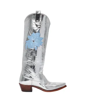 Preloved Women's Kristin Mirrored Boots With Denim Blue Leather Daffodil In Silver