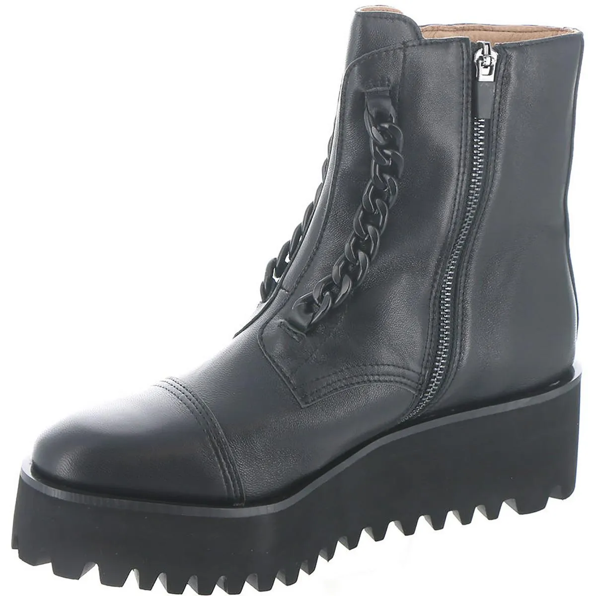 Twin Chain Womens Leather Chunky Ankle Boots