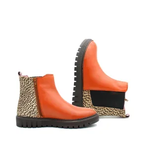 Women's Ankle Leather Boot With Animal Print In Orange/multi