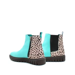 Women's Ankle Leather Boot With Animal Print In Surf Green /multi