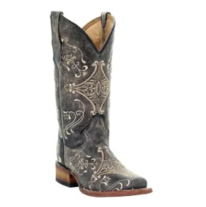 Women's Diamond Embroidered Western Boots In Distressed Black