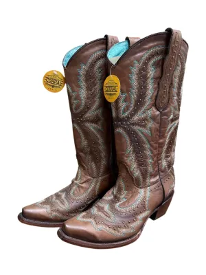 Women's Embroidery Snip Toe Boots In Tan