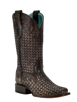 Women's Glitter Woven Overlay Square Toe Cowboy Boot In Chocolate