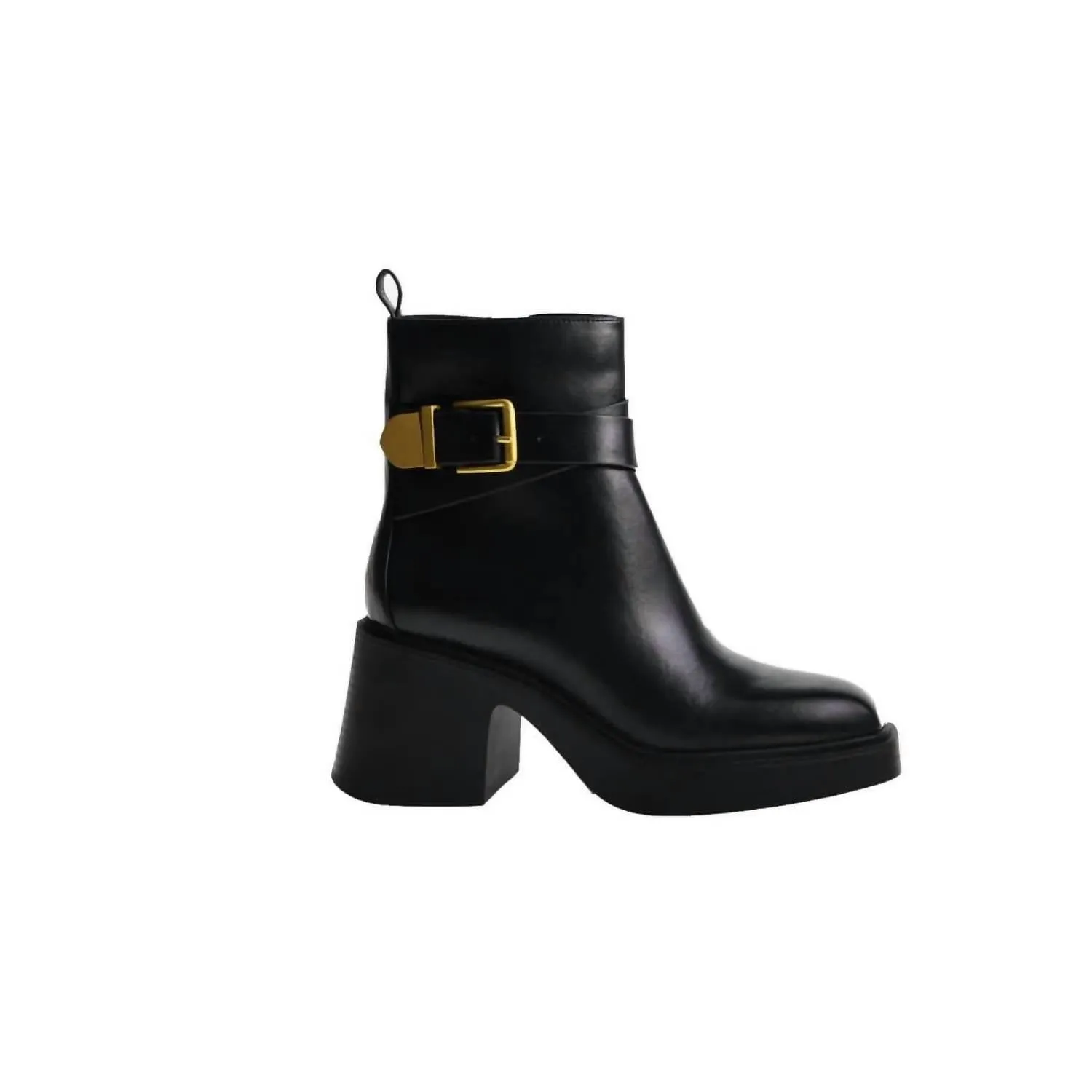 Women's Leather With Gold Buckle Ankle Boots In Black