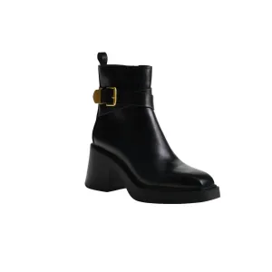 Women's Leather With Gold Buckle Ankle Boots In Black
