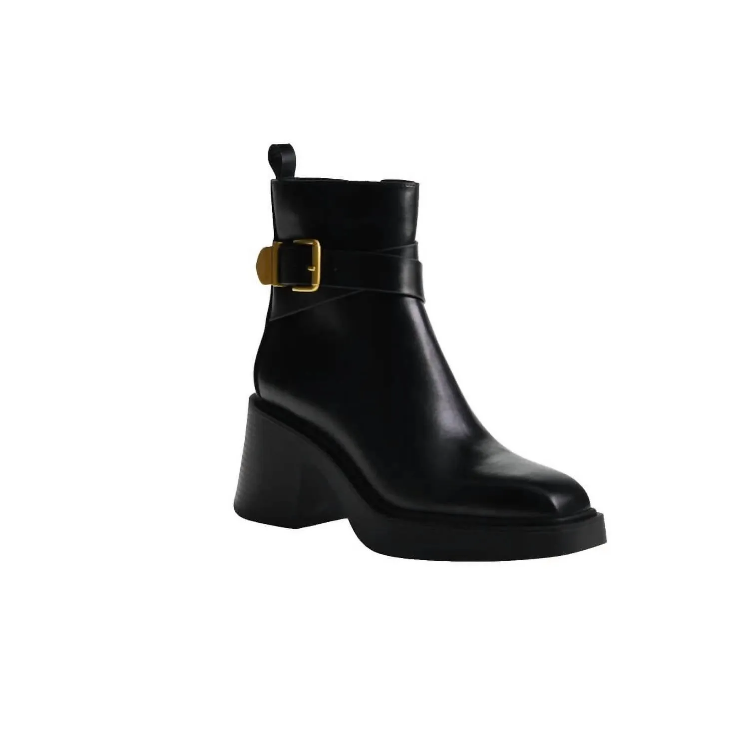 Women's Leather With Gold Buckle Ankle Boots In Black