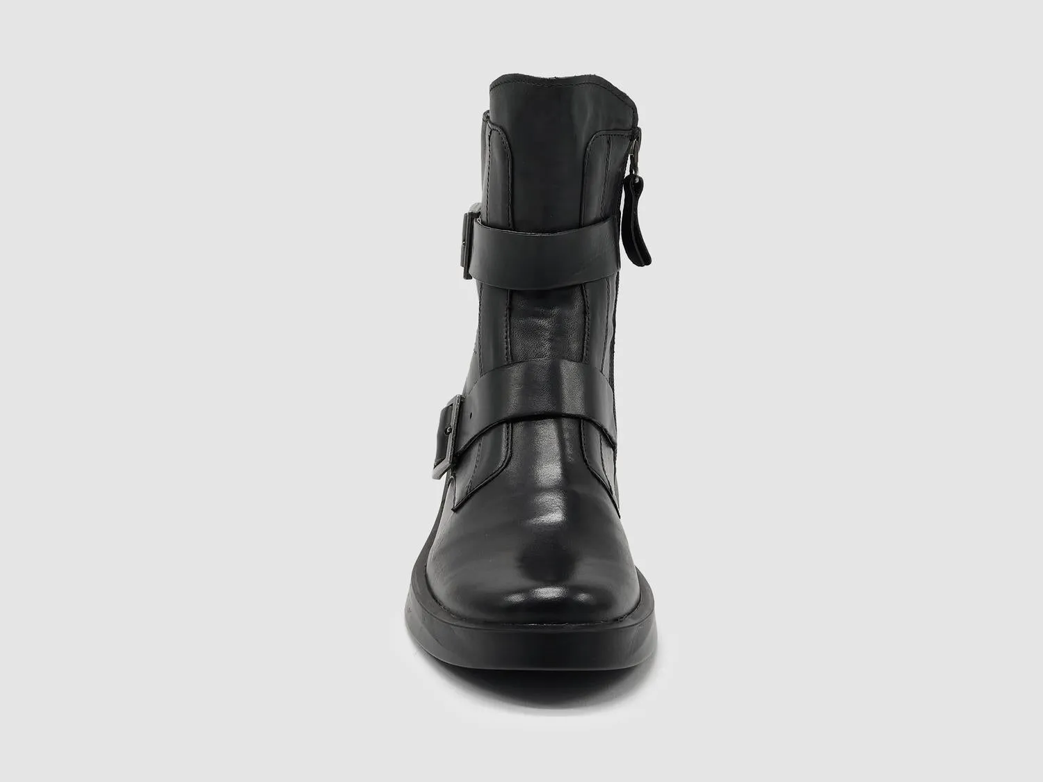 Women's Mid Buckle Leather Boots In Black