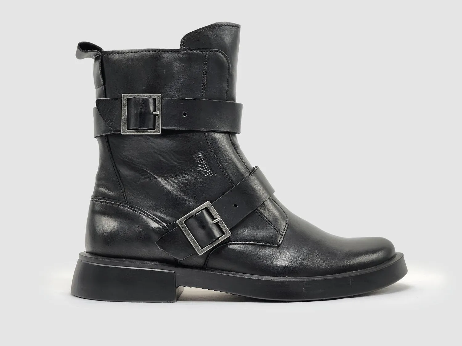 Women's Mid Buckle Leather Boots In Black