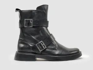 Women's Mid Buckle Leather Boots In Black