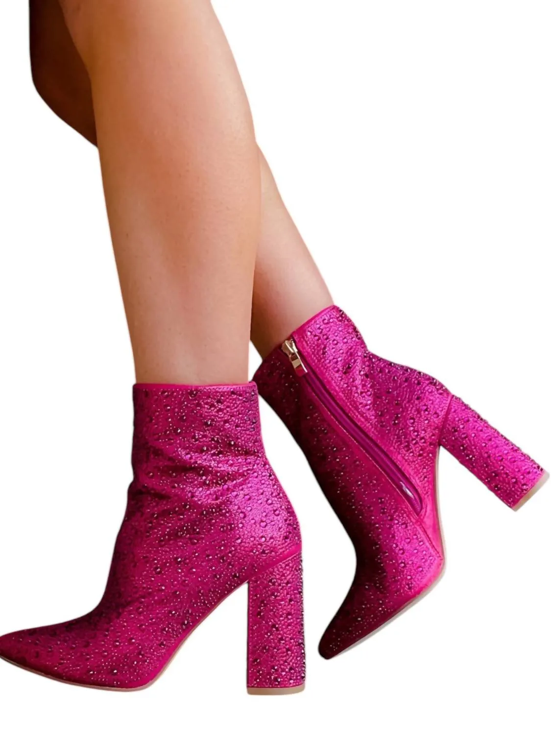 Women's Social Sweetheart Rhinestone Booties In Fuchsia