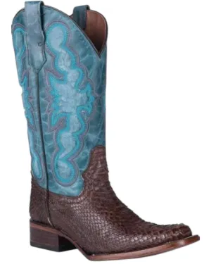 Women's Square Toe Boots In Chocolate/blue